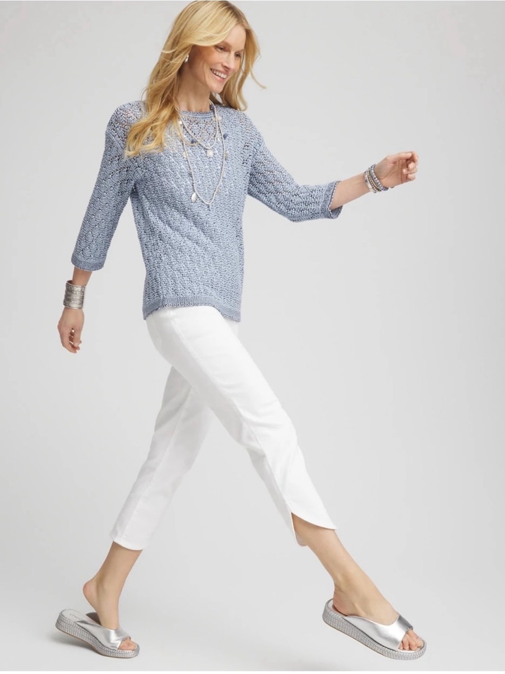 Chico’s No Stain Pull-On Dolphin-Hem Capri Jeans.